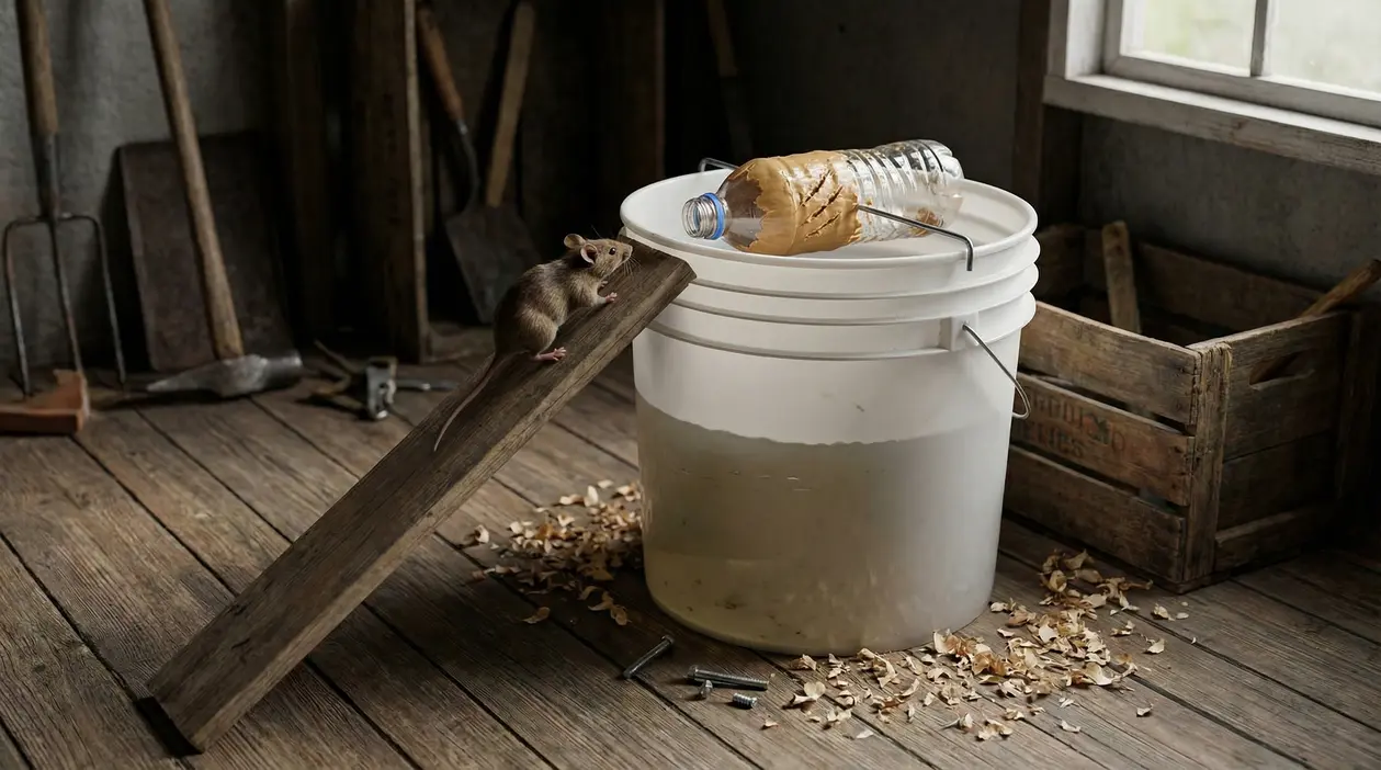 Topo su una tavola di legno vicino a un secchio con bottiglia e burro d’arachidi, trappola fai da te per topi