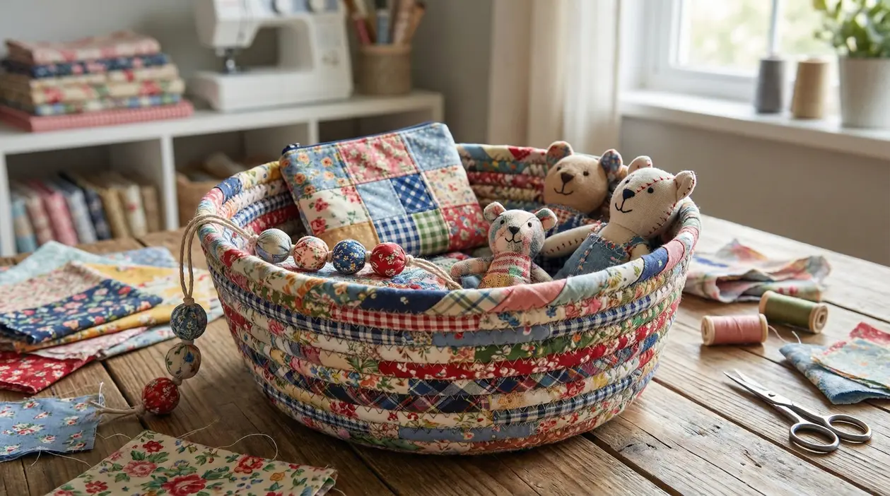Cestino fatto con avanzi di tessuto patchwork con pupazzi e un cuscino, su tavolo da cucito con forbici e fili