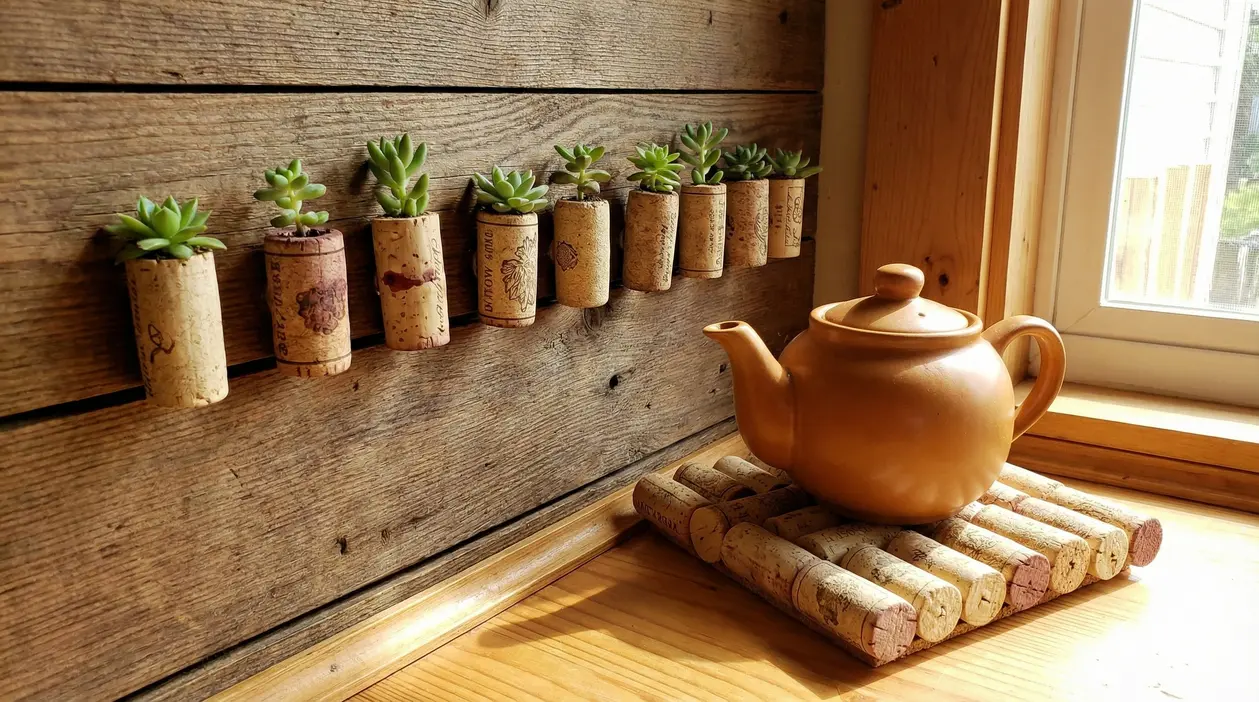 Tappi di sughero riutilizzati come mini vasi per succulente e sottopentola con teiera su davanzale in legno
