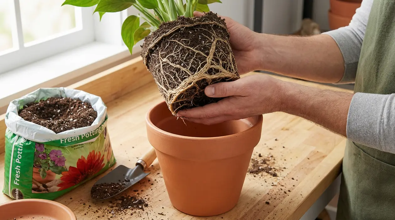 Persona rinvasa una pianta in un vaso di terracotta, mostrando il pane di radici e il terriccio sul tavolo