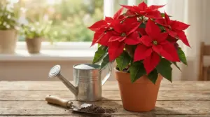Stella di Natale rossa in vaso di terracotta su tavolo, con annaffiatoio e paletta da giardinaggio vicino alla finestra