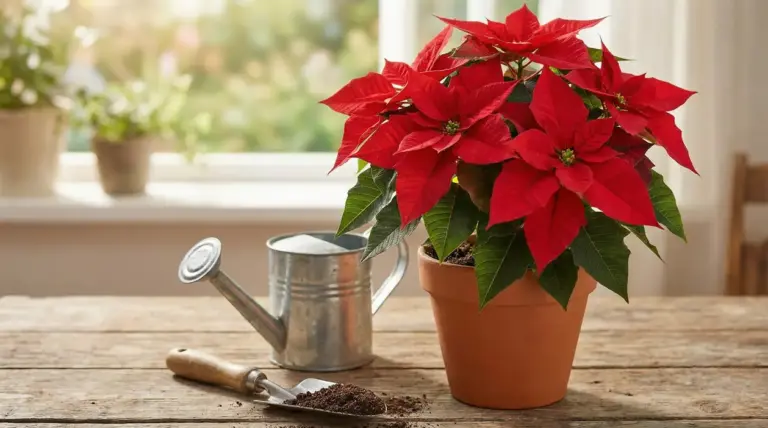 Stella di Natale rossa in vaso di terracotta su tavolo, con annaffiatoio e paletta da giardinaggio vicino alla finestra
