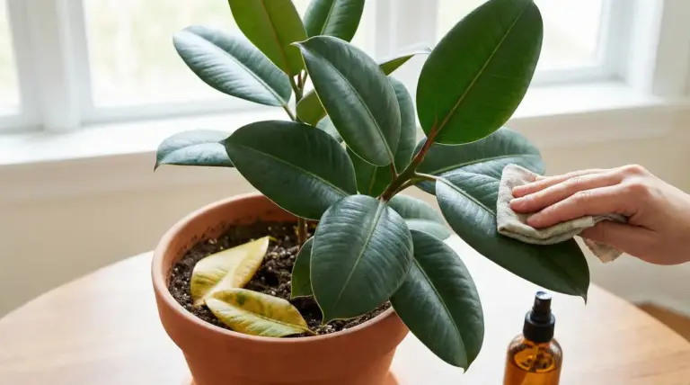 Ficus elastica in vaso con foglie verdi, una mano pulisce le foglie e alcune foglie cadute sul terriccio