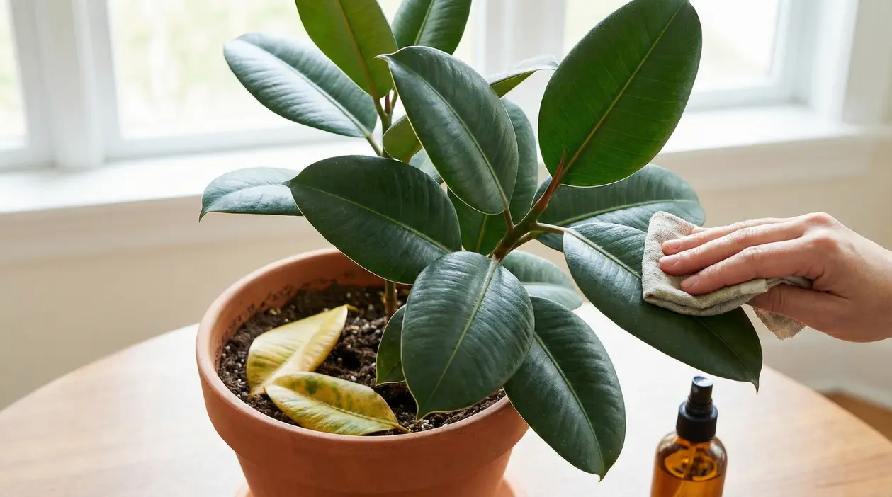 Ficus elastica in vaso con foglie verdi, una mano pulisce le foglie e alcune foglie cadute sul terriccio