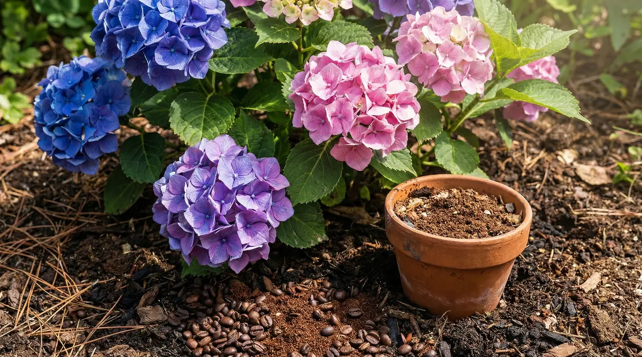 Ortensie blu, rosa e viola in giardino con un vaso di terracotta e fondi di caffè sul terreno