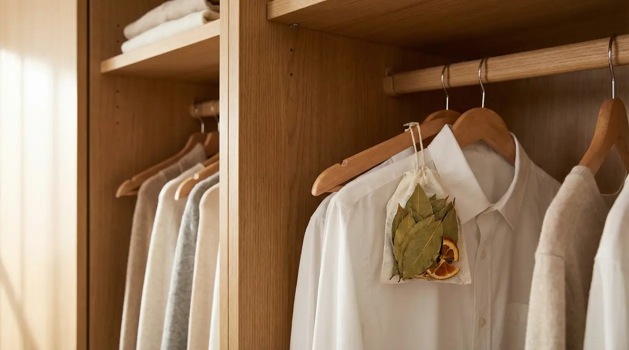 Armadio in legno con camicie appese e sacchetto profumante naturale con foglie ed agrumi su una gruccia