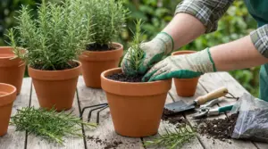 Mani con guanti che trapiantano una piantina di rosmarino in un vaso di terracotta su un tavolo da giardinaggio