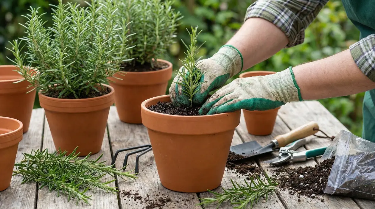 Mani con guanti che trapiantano una piantina di rosmarino in un vaso di terracotta su un tavolo da giardinaggio