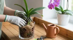 Persona rinvasa un’orchidea in vaso trasparente con corteccia e muschio, vicino a una finestra