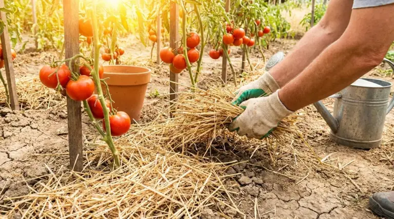 Persona che stende paglia attorno alle piante di pomodoro nell'orto per proteggerle da caldo e siccità