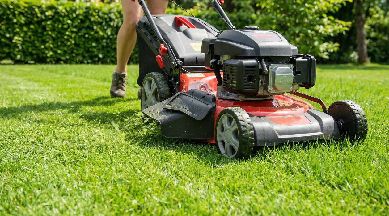 Persona che taglia il prato con un tosaerba su un tappeto erboso verde in giardino