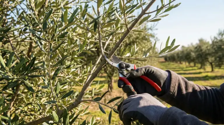Mani con guanti potano un ramo di ulivo con cesoie in un oliveto, per favorire fioritura e produzione
