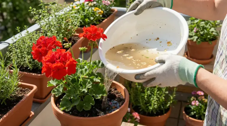 Persona con guanti versa acqua di cottura in un vaso di gerani sul balcone