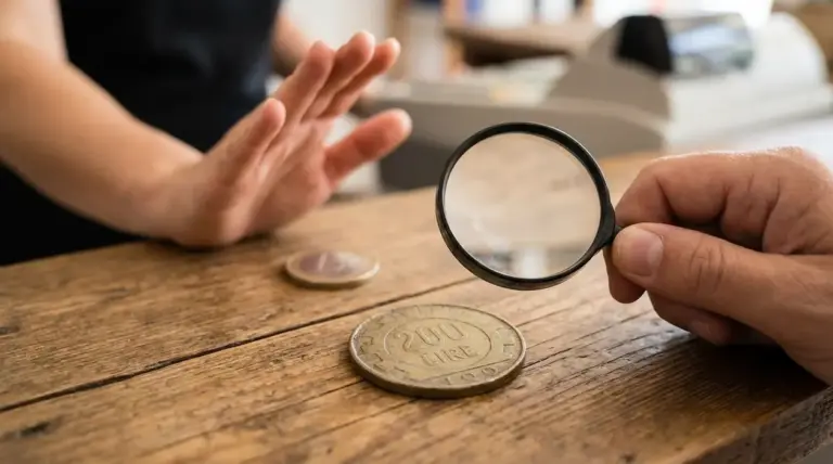 Vecchia moneta da 200 lire su un bancone mentre una persona la controlla con una lente in negozio