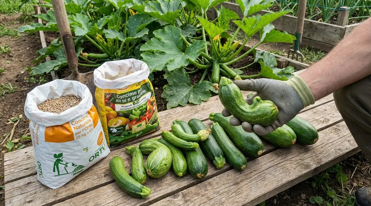 Zucchine piccole e deformi raccolte nell'orto accanto a sacchi di concime granulare