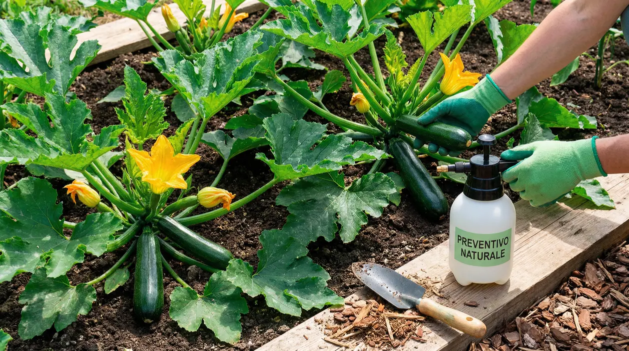 Pianta di zucchine nell’orto con fiori gialli; una persona con guanti controlla i frutti e usa uno spruzzatore